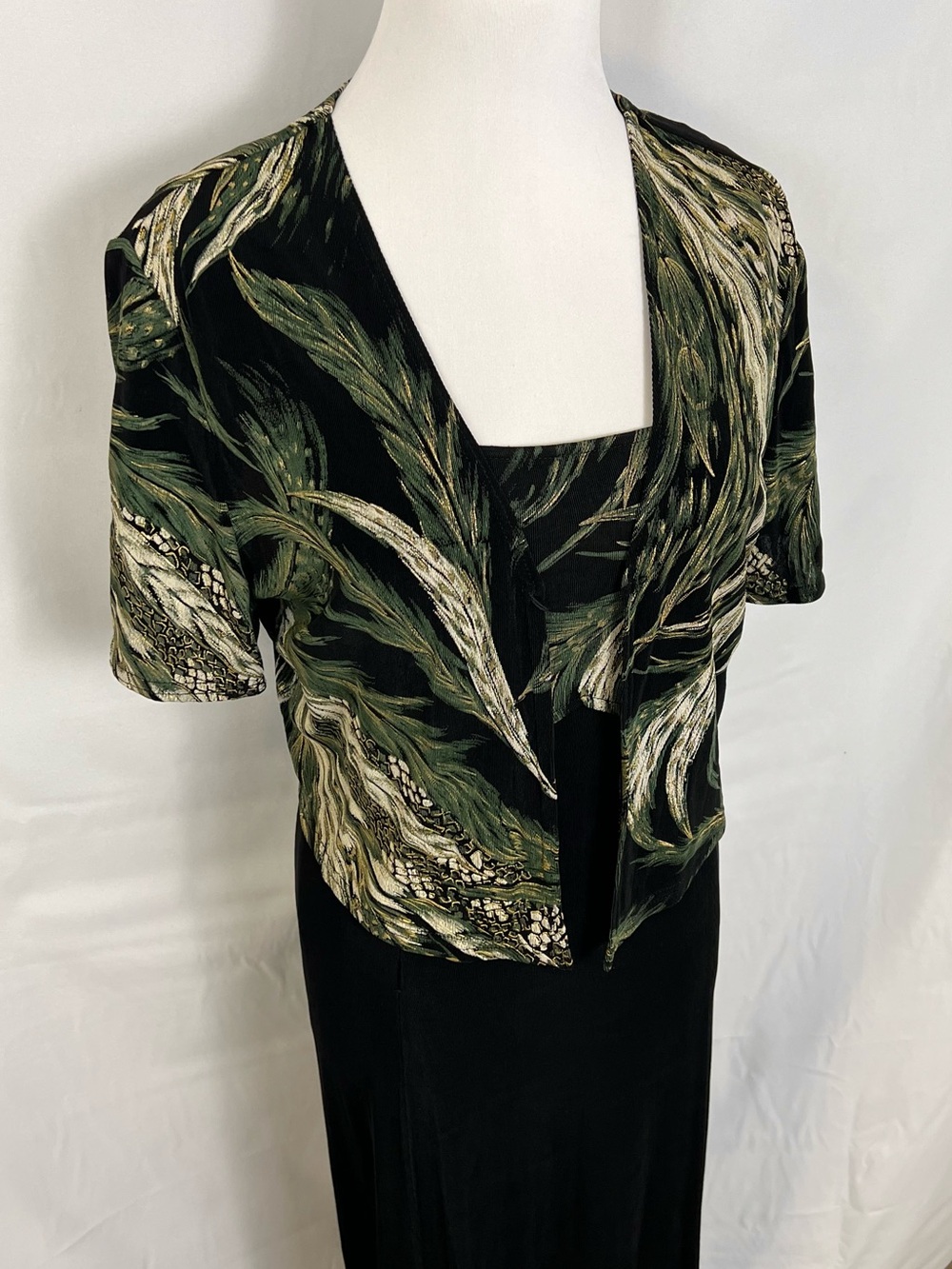 Black Dress with Green and Cream Leaf Print Jacket